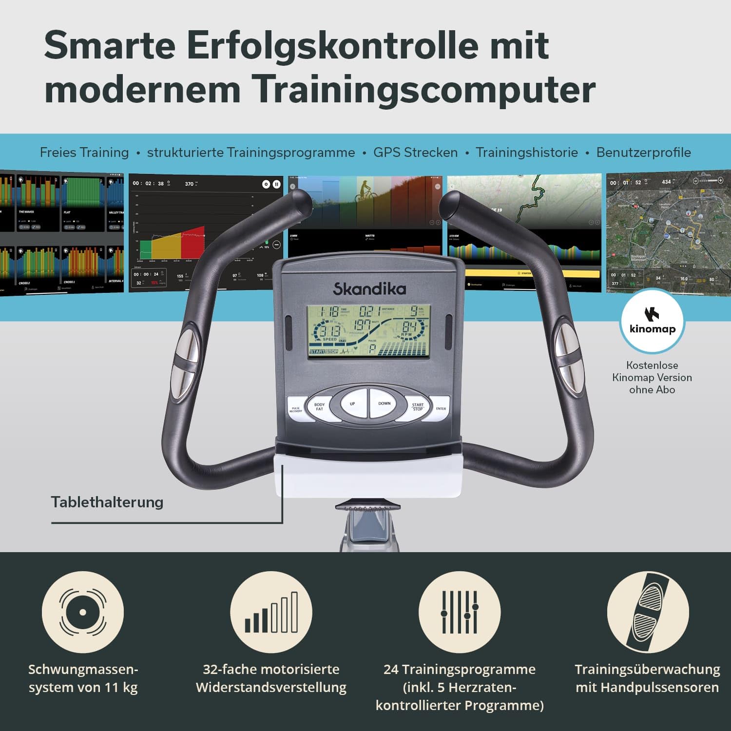 Skandika Wiry Ergometer Heimtrainer 11kg Schwungmasse 24 Trainingsprogramme 32 Widerstandsstufen Magnetbremssystem Bluetooth Kinomap App-Steuerung Transportrollen (grau)