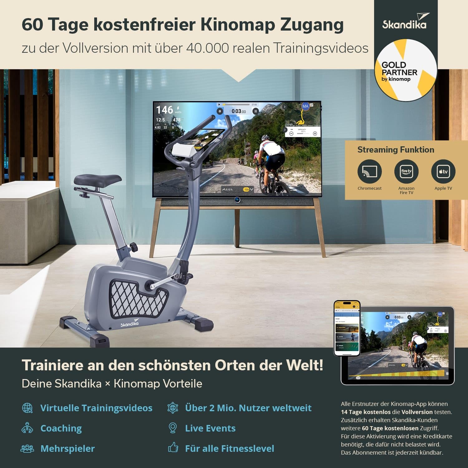 Skandika Wiry Ergometer Heimtrainer 11kg Schwungmasse 24 Trainingsprogramme 32 Widerstandsstufen Magnetbremssystem Bluetooth Kinomap App-Steuerung Transportrollen (grau)