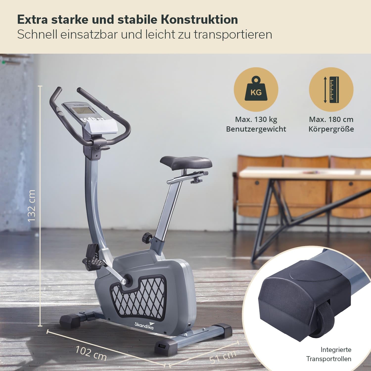 Skandika Wiry Ergometer Heimtrainer 11kg Schwungmasse 24 Trainingsprogramme 32 Widerstandsstufen Magnetbremssystem Bluetooth Kinomap App-Steuerung Transportrollen (grau)