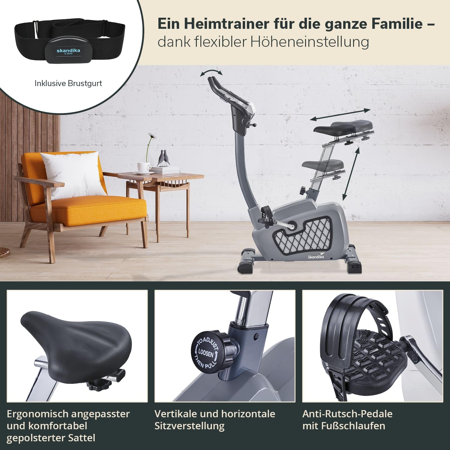 Skandika Wiry Ergometer Heimtrainer 11kg Schwungmasse 24 Trainingsprogramme 32 Widerstandsstufen Magnetbremssystem Bluetooth Kinomap App-Steuerung Transportrollen (grau)