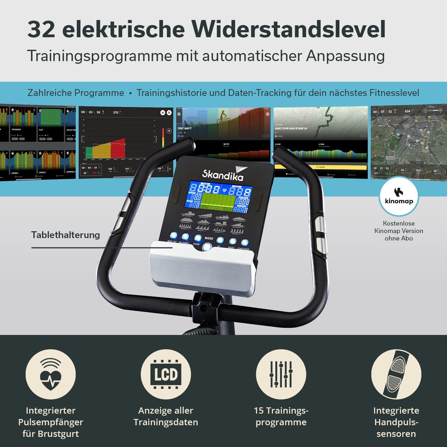 Skandika Ergometer Fahrrad Atlantis | Heimtrainer mit App Steuerung (Kinomap, iConsole), Bluetooth, 10kg Schwungmasse, Puls und Körperfettmessung, 32 Stufen, geräuscharm, Transportrollen | bis 150kg