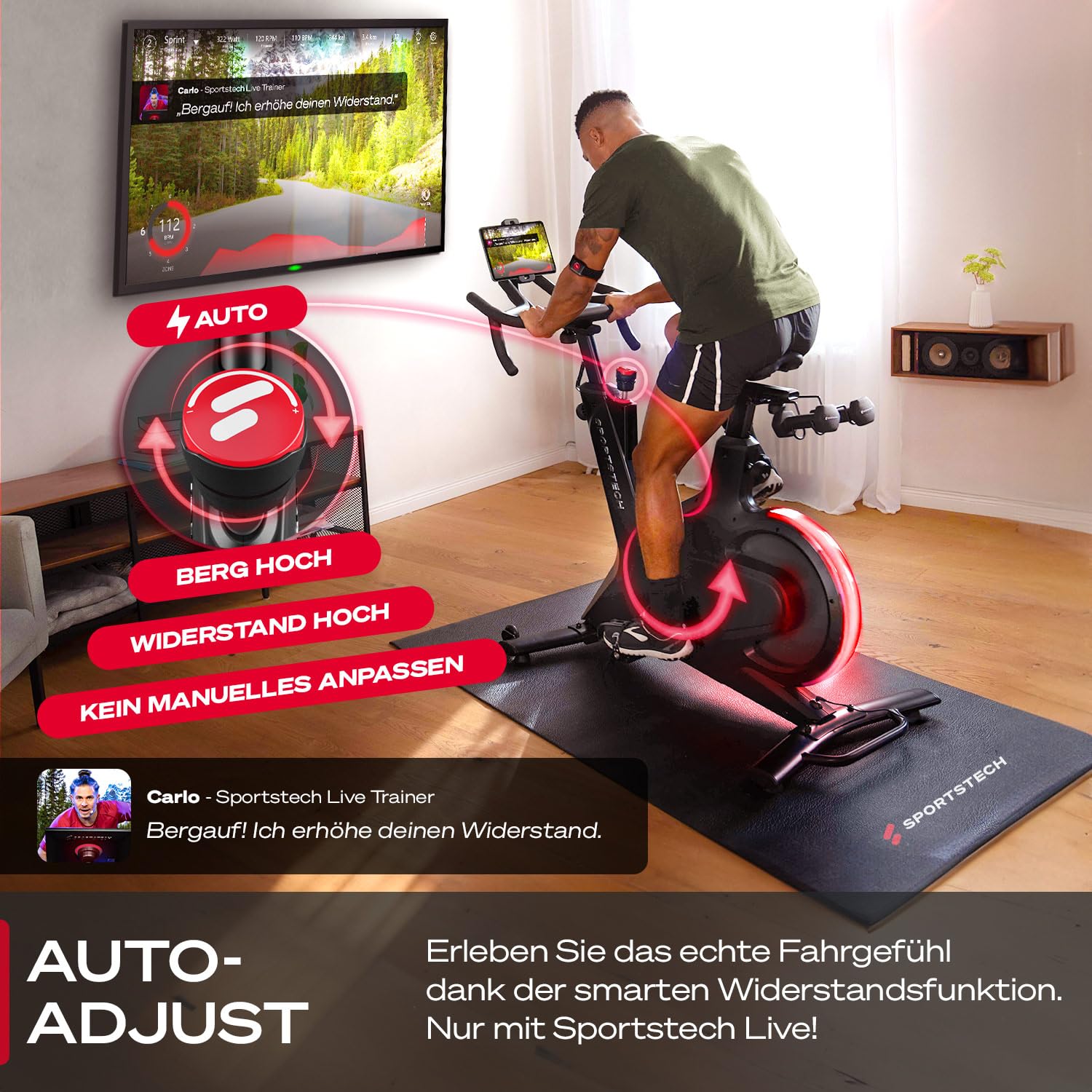 Sportstech sBike Lite - Smartes Heimtrainer Fahrrad mit LED - Deutsche Qualitätsmarke - App mit Kursen und 360° Tablet-Halterung für Full Body Workout - Ergometer